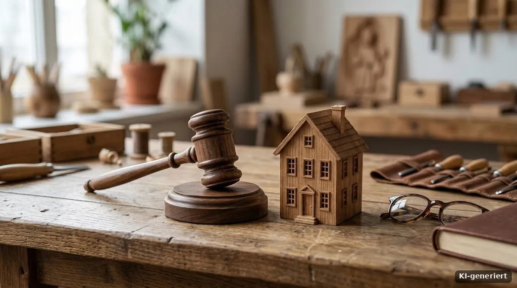 Richterhammer aus Holz neben einem kleinen Holzhaus auf einem Tisch