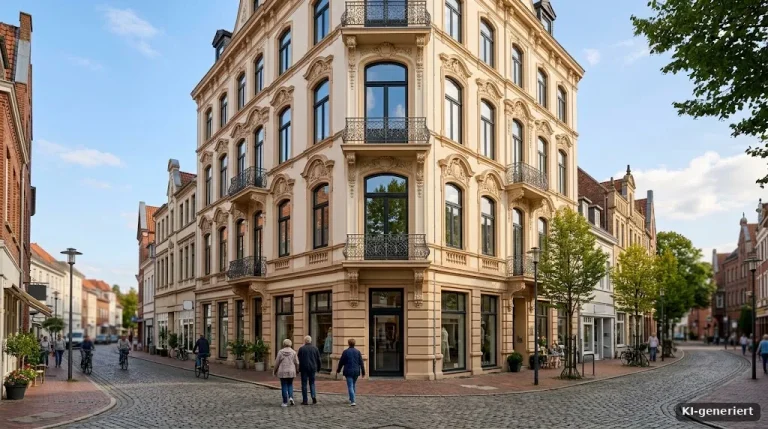 Sanierter Altbau mit Stuckfassade und großen Fenstern in einer Stadtstraße