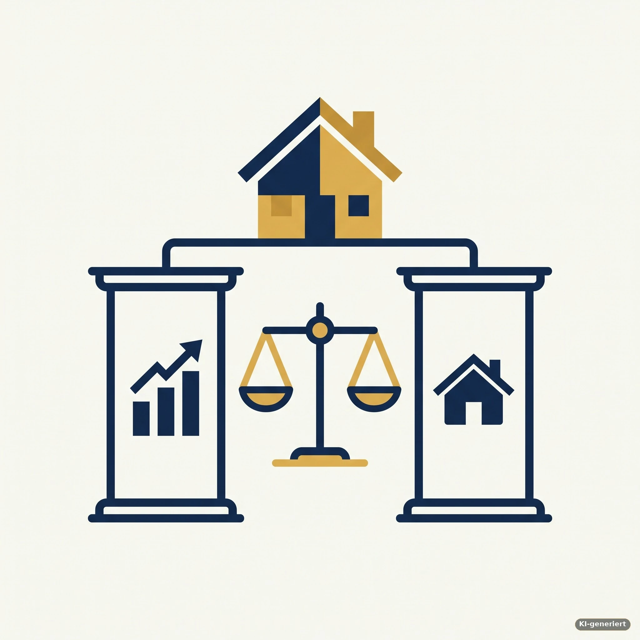 Zwei Säulen mit Chart- und Haus-Symbol, verbunden durch eine Waage, die zu einem Haus führen