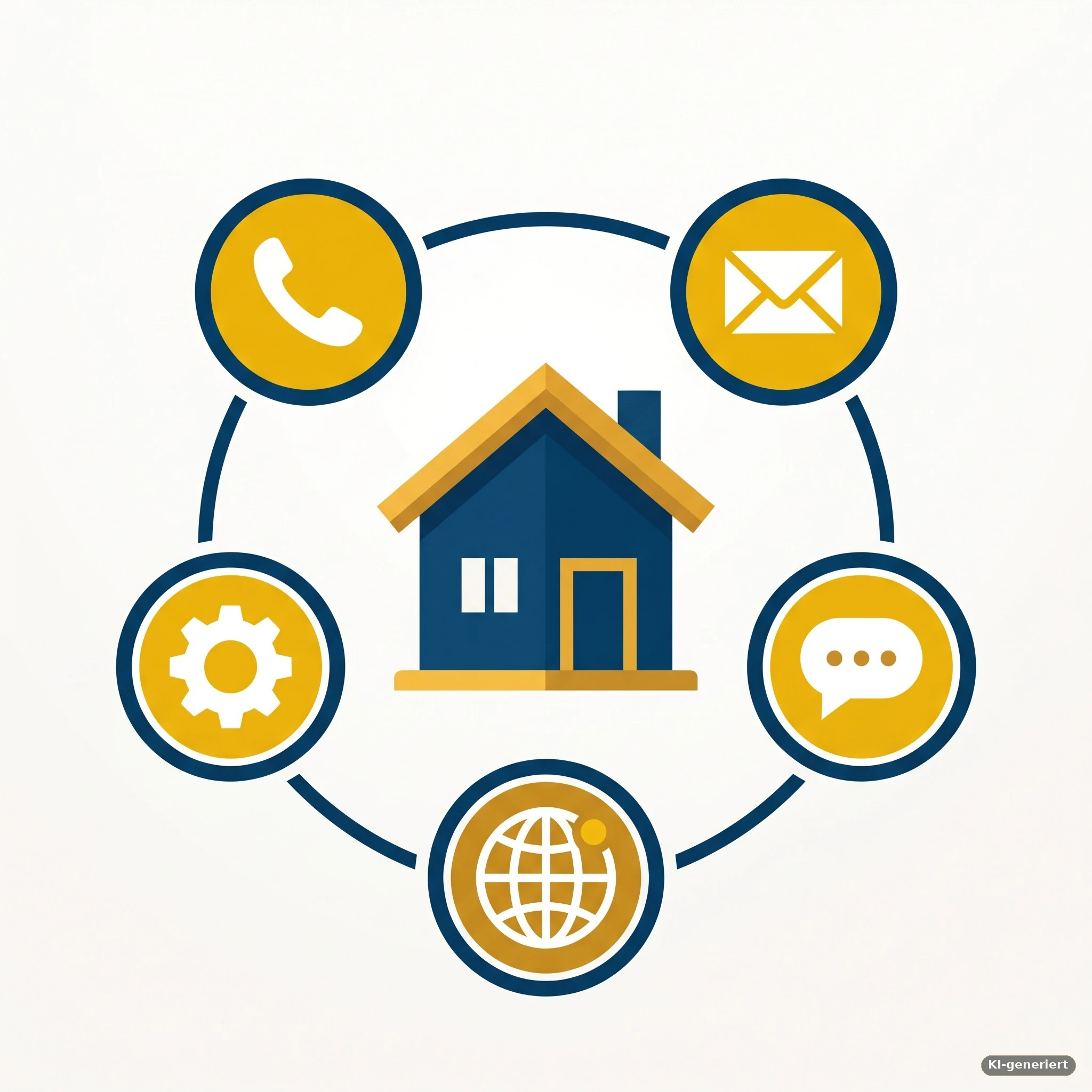 Kontakt-Icons wie Telefon, E-Mail und Chat angeordnet um ein Haus-Symbol, symbolisiert verschiedene Kontaktwege
