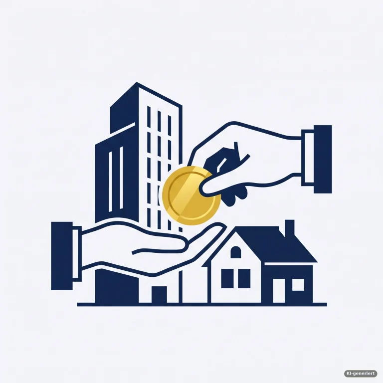 Zwei Hände reichen sich eine Münze, im Hintergrund ein Bürogebäude und ein Haus – Symbolbild für den Arbeitgeberzuschuss zu vermögenswirksamen Leistungen