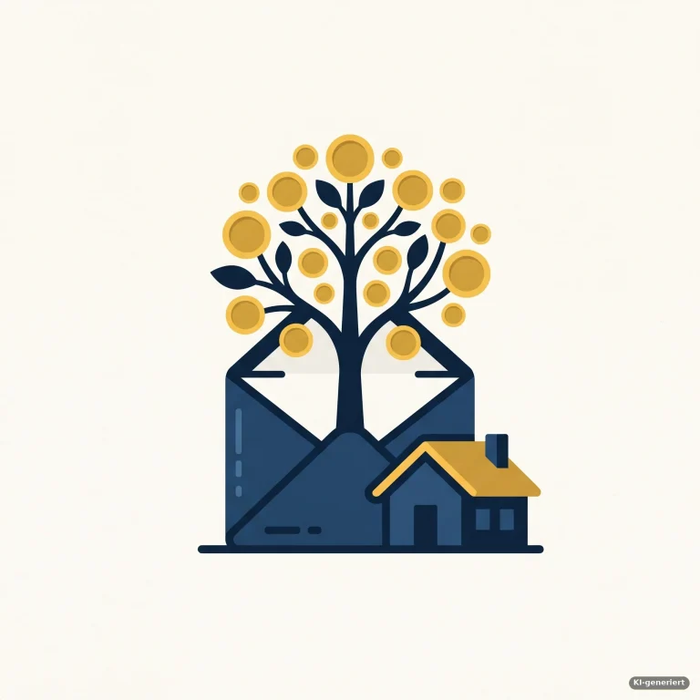 Gehaltsumschlag, aus dem ein Baum mit Münzen wächst, daneben ein Haus – Symbolbild für die Arbeitnehmersparzulage