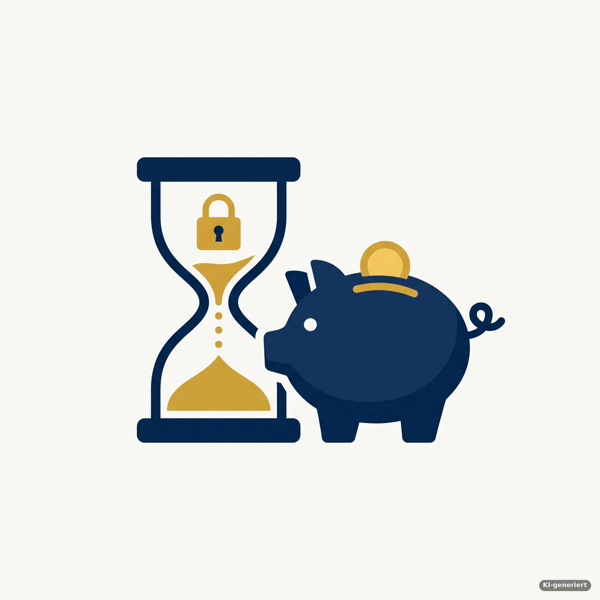 Sanduhr mit Schloss-Symbol und Sparschwein – Symbolbild für die siebenjährige Sperrfrist der Arbeitnehmersparzulage