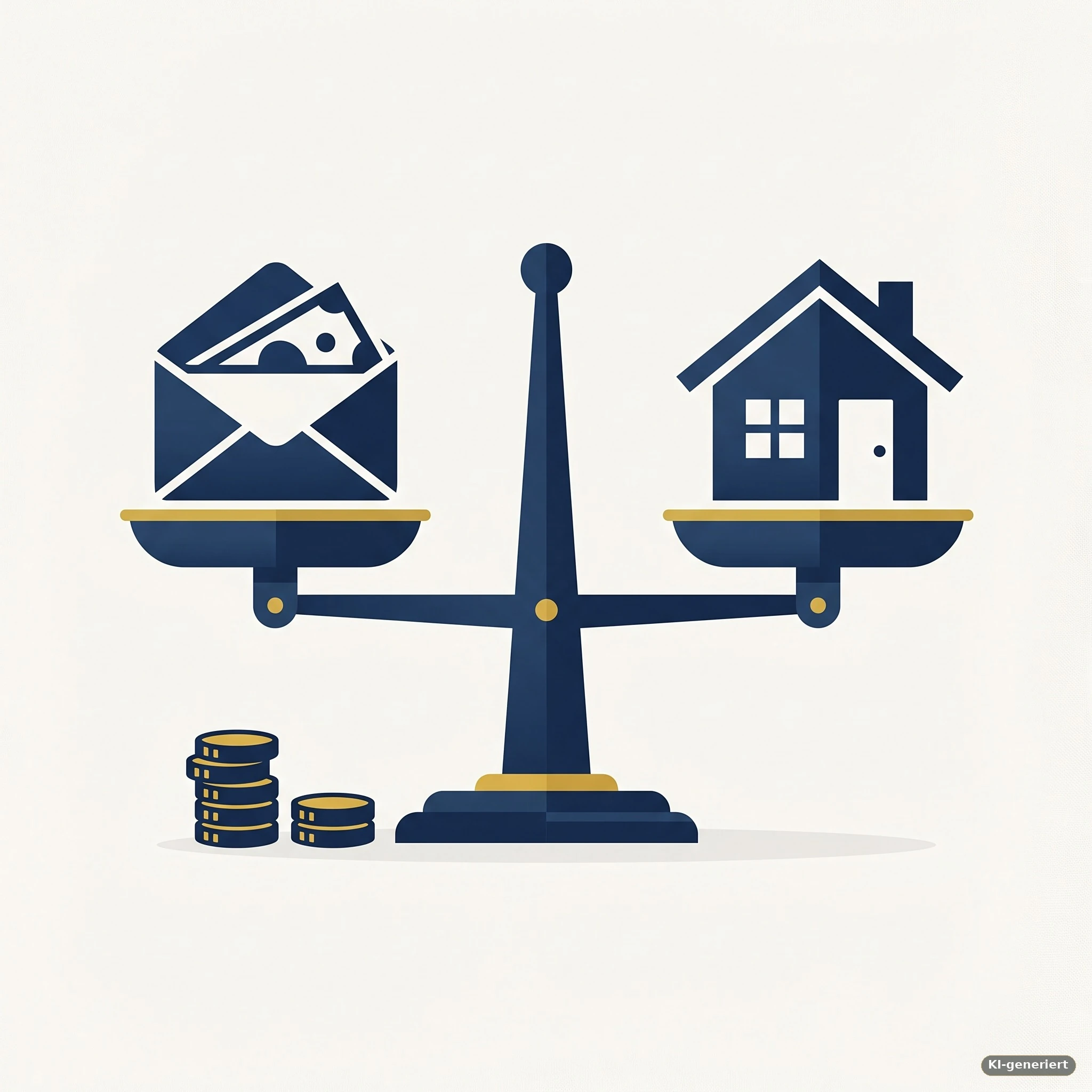 Waage im Gleichgewicht zwischen Gehaltsumschlag und Haus – Infografik zum Vergleich von Arbeitnehmersparzulage und Wohnungsbauprämie