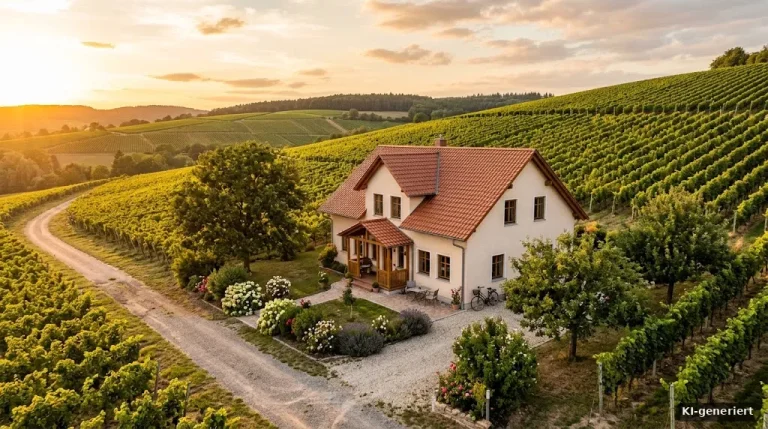 Einfamilienhaus mit Weinbergen im Hintergrund, warmes Abendlicht