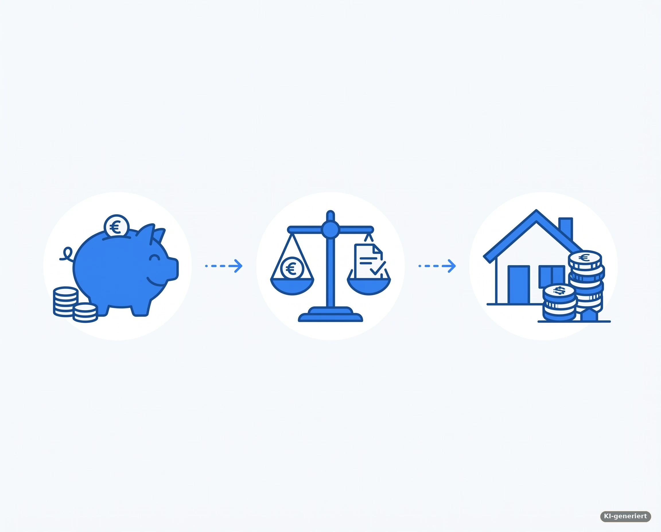 Illustration eines Sparschweins, einer Waage und eines Hauses mit Muenzstapeln, verbunden durch Pfeile – Symbolbild fuer den Ablauf eines Bausparvertrags von Sparen bis Eigenheim