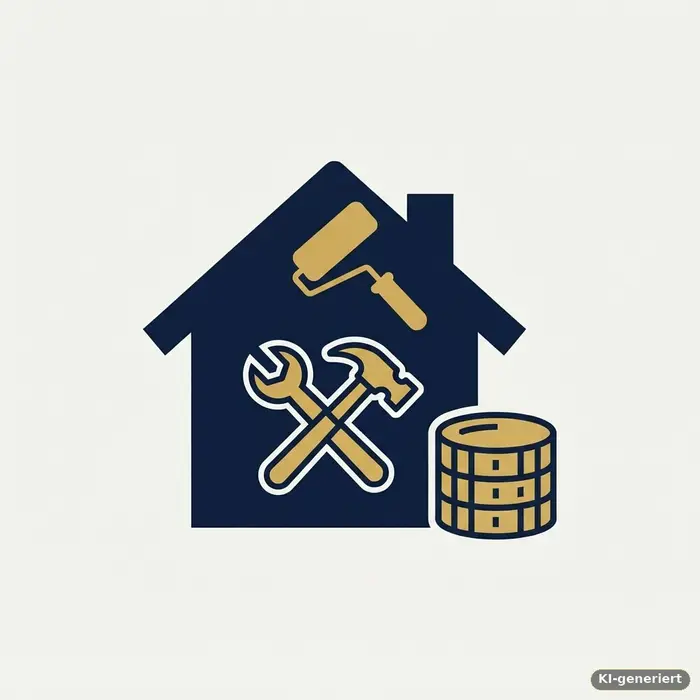 Haus mit Pinselroller, Schraubenschlüssel und Münzstapel, Symbol für Bausparen zur Modernisierung und Sanierung