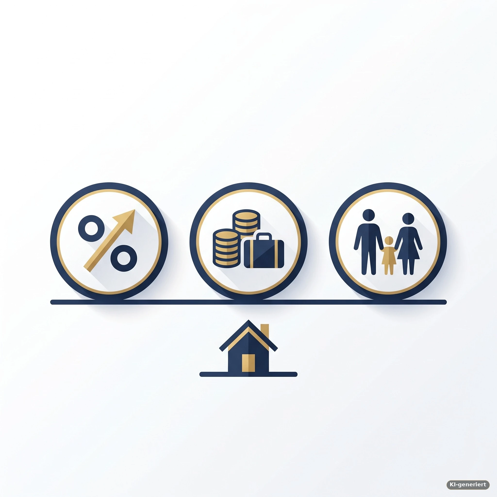 Infografik mit drei Abzeichen in einer Reihe: Prozentzeichen mit Pfeil, Muenzstapel mit Koffer und Familien-Silhouette, darunter ein gemeinsames Haus-Symbol – Symbolbild fuer die drei Foerderwege Wohnungsbaupraemie, Arbeitnehmersparzulage und Wohn-Riester beim Bausparvertrag