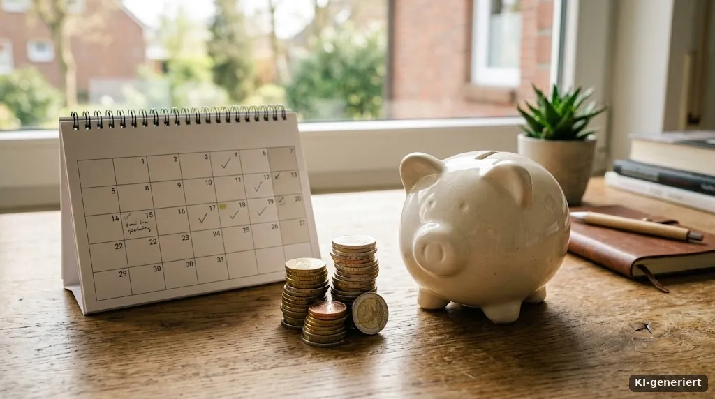 Sparschwein aus Keramik neben einem Stapel Münzen und einem Kalender