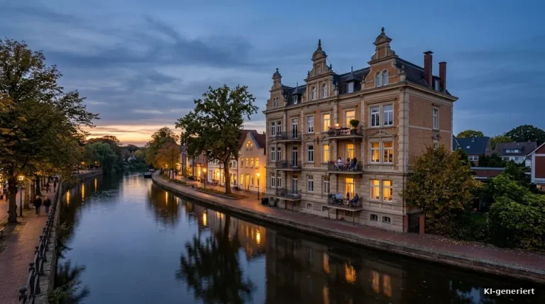 Stadthaus mit Balkon an einem Flussufer, ruhige Abendstimmung