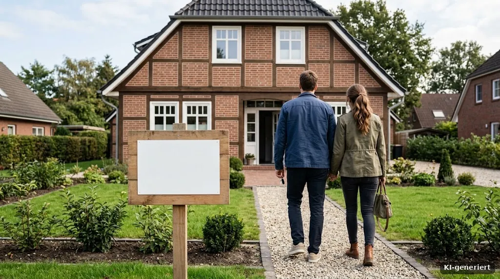Paar von hinten vor einem gerade gekauften Haus mit Verkaufsschild ohne Schrift