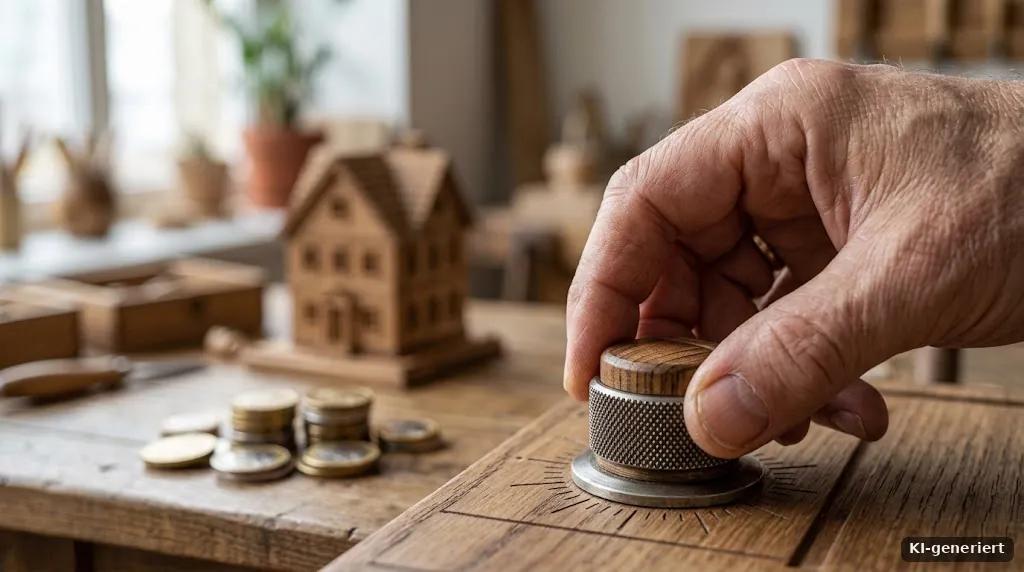 Hand dreht an einem Regler, im Hintergrund unscharf ein Haus und Münzen