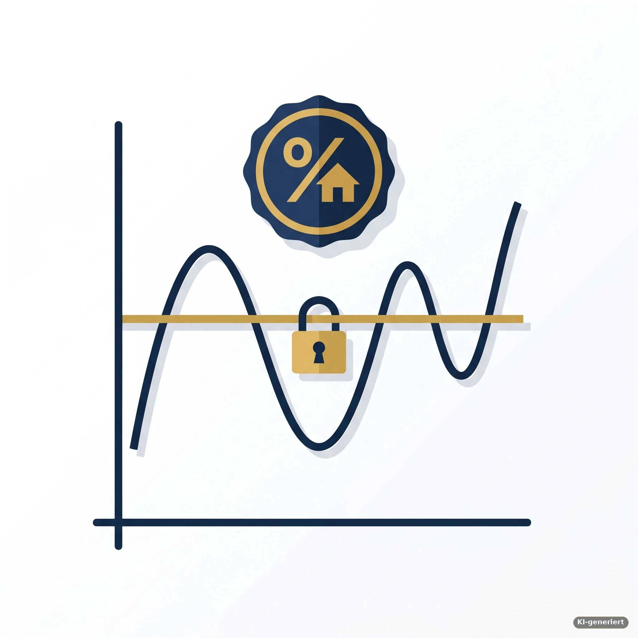 Infografik mit einem Liniendiagramm: eine ruhige goldene Linie mit Schloss-Symbol fuer den fest fixierten Darlehenszins und eine wellenfoermig schwankende dunkelblaue Linie fuer variable Marktzinsen, darueber ein Abzeichen mit Prozentzeichen und Haus-Symbol