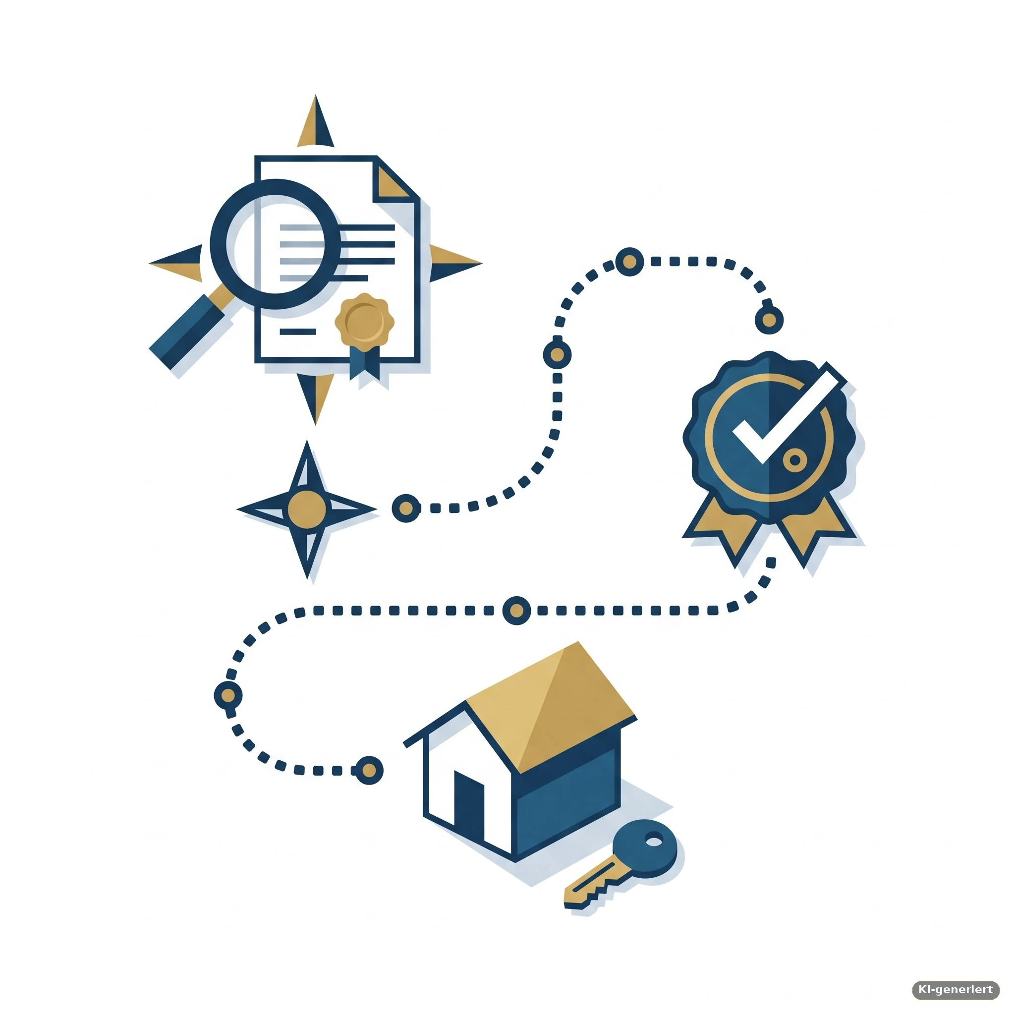 Infografik mit Lupe ueber Vertragsdokument, Guetesiegel mit Haekchen und Haus mit Schluessel, verbunden durch eine gepunktete Wegweiser-Route – Symbolbild fuer die drei Schritte Vergleichen, Foerdern lassen und Finanzieren beim Bausparvertrag