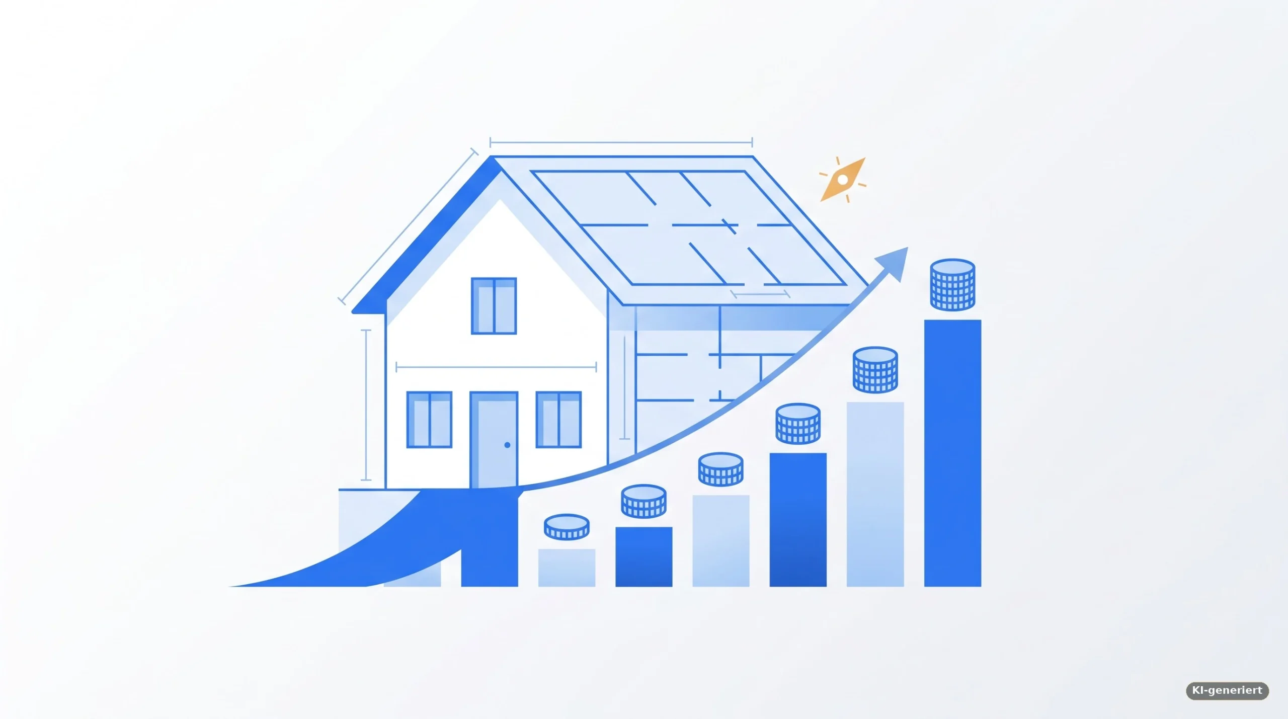 Illustration eines Hauses mit Blueprint-Linien und aufsteigendem Sparbalkendiagramm in Blau – Symbolbild für Bausparen und Vermögensaufbau