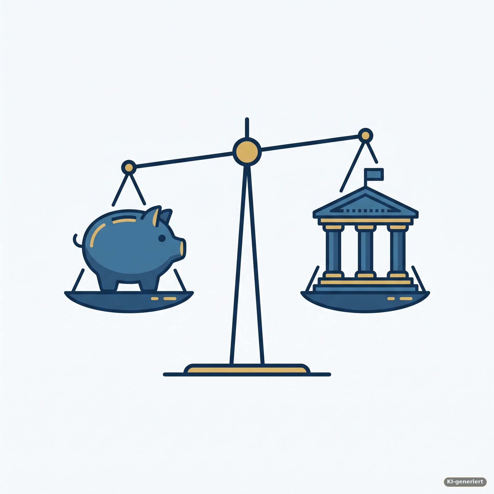 Waage mit Sparschwein und Bankgebäude im Gleichgewicht – Symbolbild für Bausparvertrag vs. Baufinanzierung