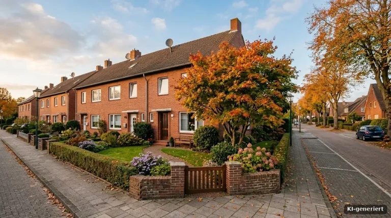 Reihenhaus mit kleinem Garten in einer ruhigen Straße, Herbstlicht