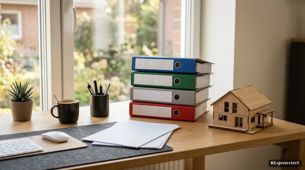 Aktenordner und ein kleines Holzhaus auf einem aufgeräumten Bürotisch
