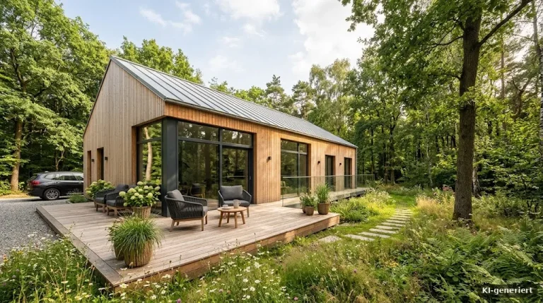 Freistehendes Einfamilienhaus mit Holzterrasse am Waldrand