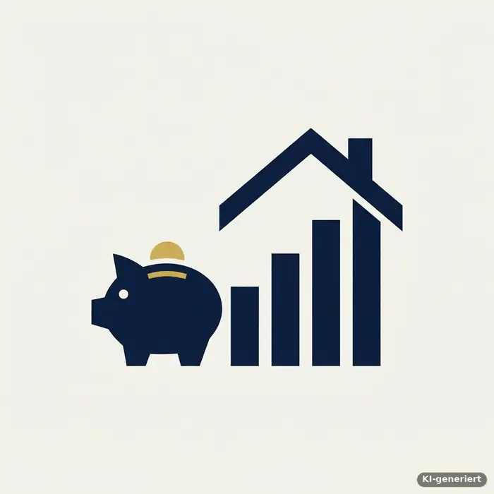 Icon mit Sparschwein und ansteigenden Balken, die sich zu einem Haus formen, als Symbol für den Aufbau von Eigenkapital