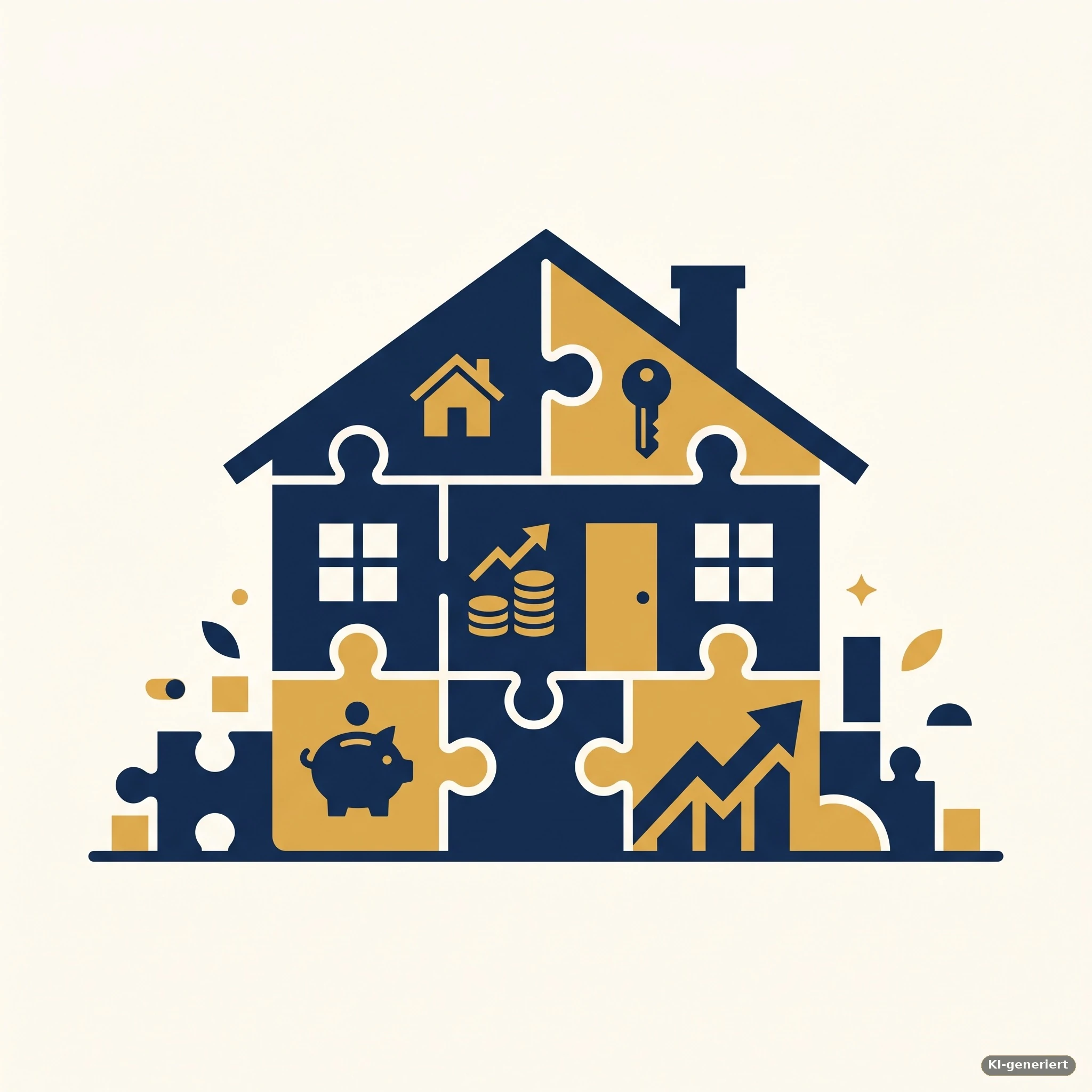 Bausteine und Puzzleteile, die sich zu einem Haus zusammenfügen und verschiedene Wege des Eigenkapitalaufbaus symbolisieren