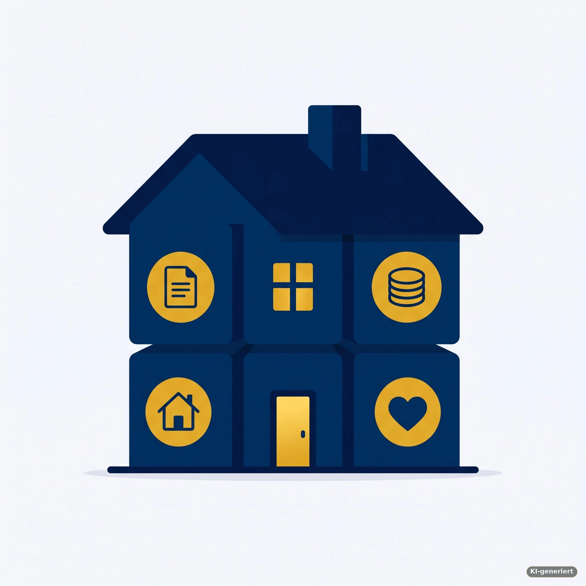Vier Bausteine mit Dokument-, Münz-, Haus- und Herz-Symbol fügen sich zu einem Haus zusammen – Infografik zum Zusammenspiel mehrerer Förderungen für Familien