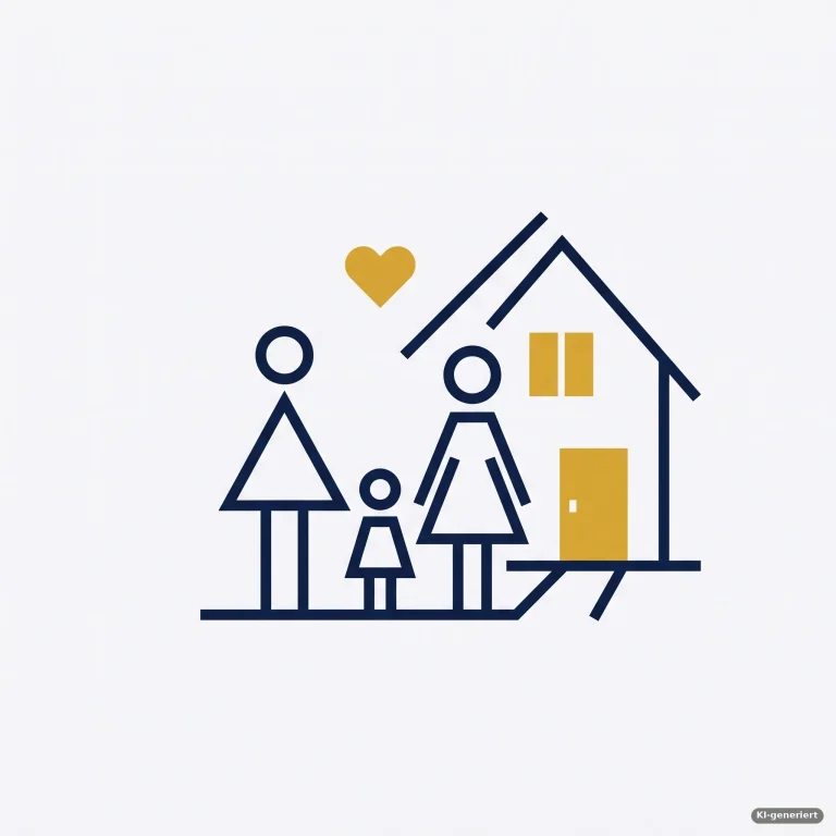 Familie aus Eltern und Kind vor einem Haus mit einem Herz-Symbol – Symbolbild für Förderung für Familien mit Kindern