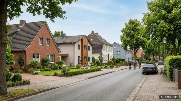 Straßenzug mit verschiedenen Einfamilienhäusern in einer deutschen Kleinstadt