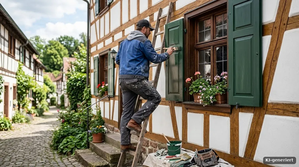 Handwerker streicht Fensterläden eines Fachwerkhauses, Gesicht nicht sichtbar