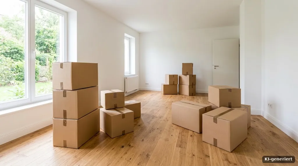 Umzugskartons in einem hellen, leeren Wohnzimmer mit Holzboden