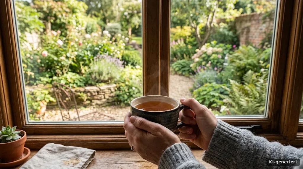 Hände halten eine Tasse Tee vor einem Fenster mit Blick auf einen Garten