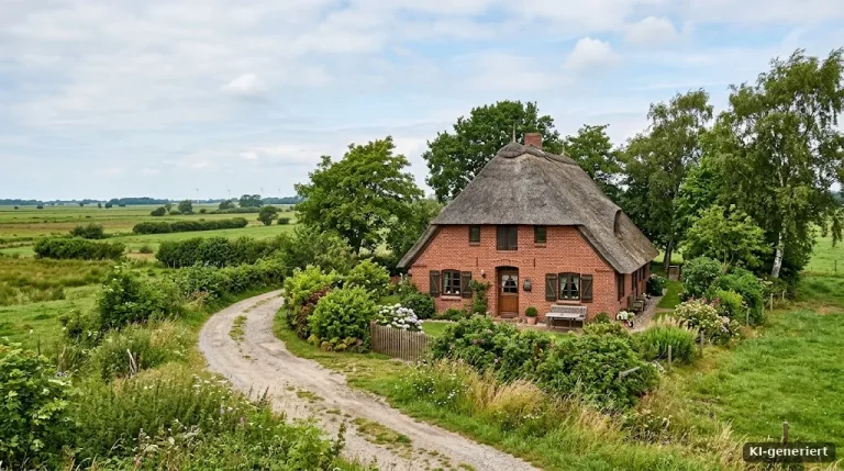 Rotes Backsteinhaus mit Reetdach in norddeutscher Landschaft