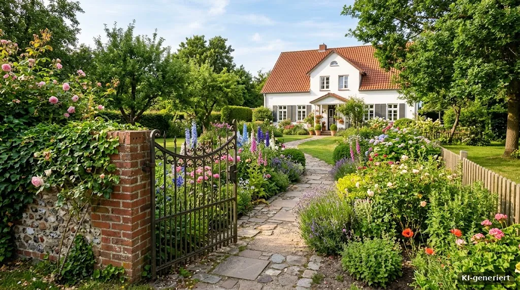 Gartentor mit Weg zu einem hellen Haus, Blumen am Rand