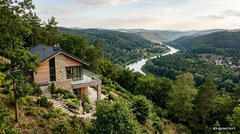 Einfamilienhaus am Hang mit Blick über ein bewaldetes Flusstal