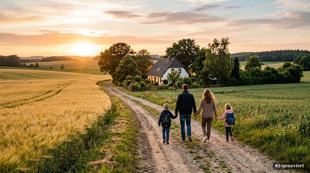 Familie von hinten beim Spaziergang auf einem Feldweg zu ihrem Haus