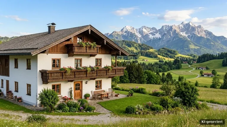 Einfamilienhaus mit Holzbalkon vor Voralpen-Landschaft