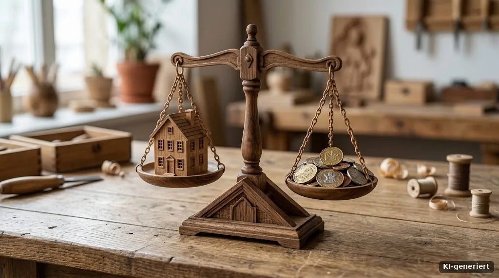 Waage aus Holz mit einem kleinen Haus auf der einen und Münzen auf der anderen Seite