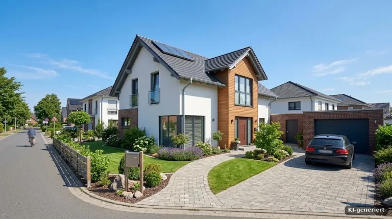 Modernes Einfamilienhaus mit Satteldach in einer Neubausiedlung, blauer Himmel, gepflegter Vorgarten