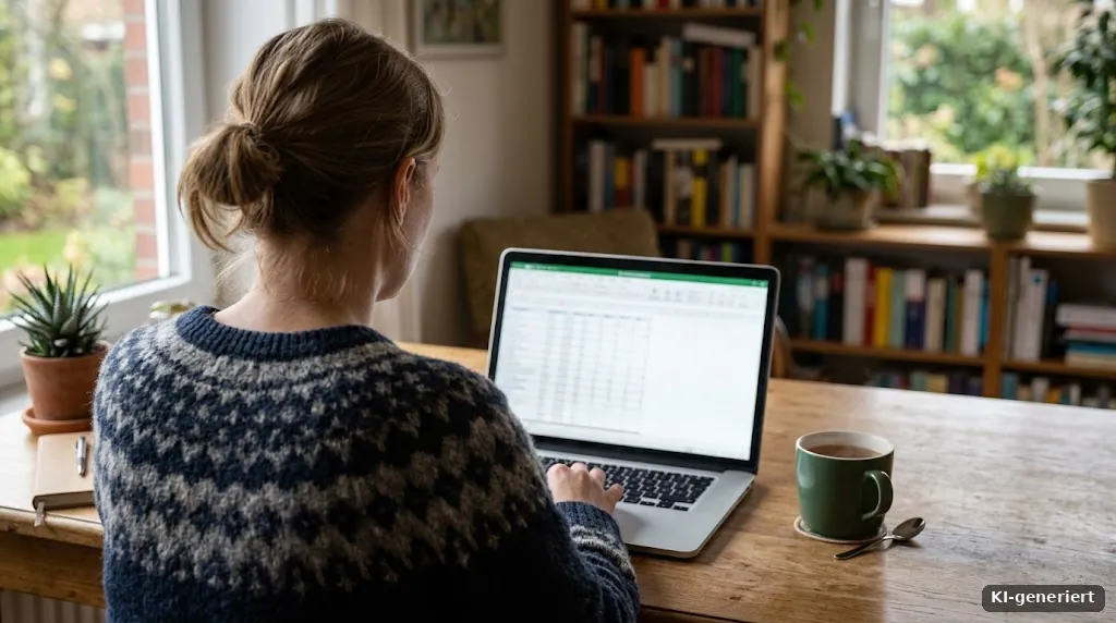 Person von hinten am Laptop, auf dem Bildschirm eine unscharfe Tabelle, daneben eine Tasse Tee