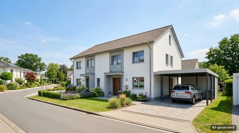 Doppelhaushälfte mit Carport in einem Wohngebiet, sonniger Tag
