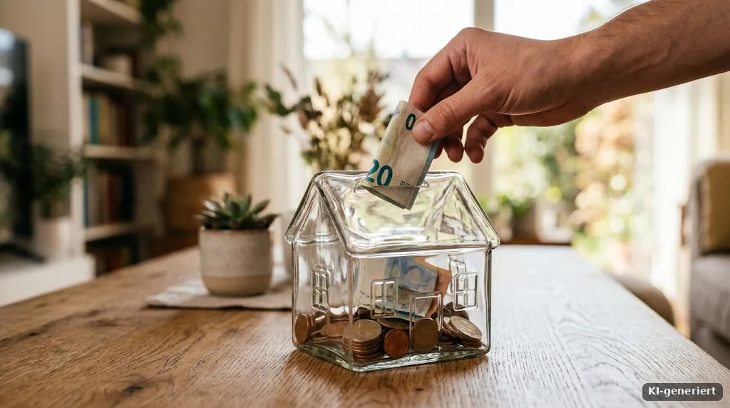 Hand legt einen Geldschein in ein Sparglas mit der Form eines Hauses