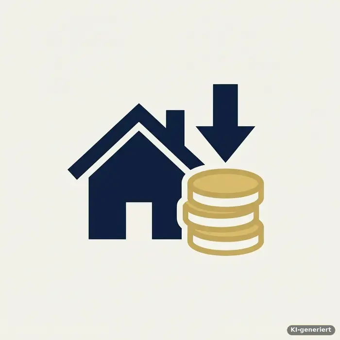 Icon mit Pfeil, der auf einen schrumpfenden Münzstapel neben einem Haus zeigt, als Symbol für Sondertilgung in der Baufinanzierung