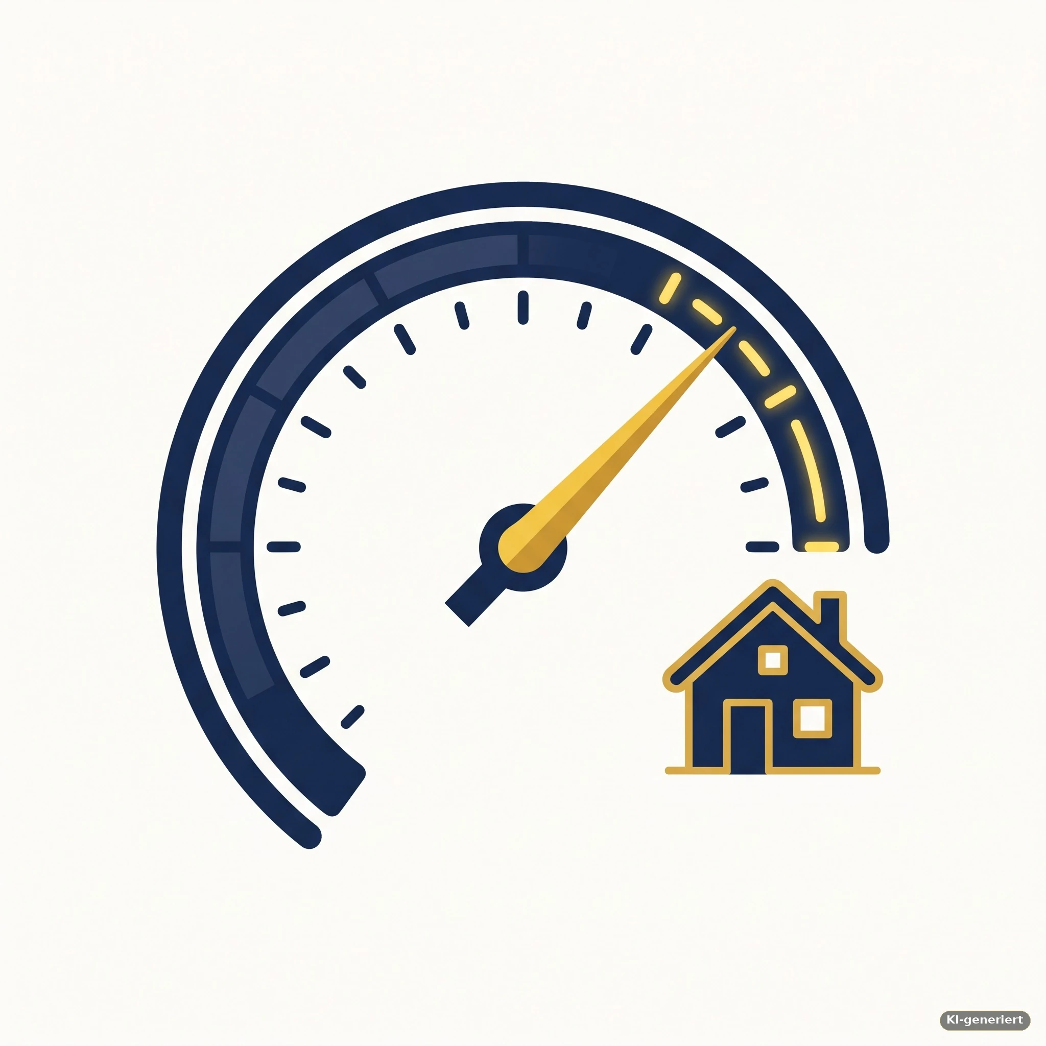 Ein Tachometer mit Zeiger auf hohem Wert neben einem Haus-Symbol – Symbolbild für die Bewertungszahl bei der Tarifwahl