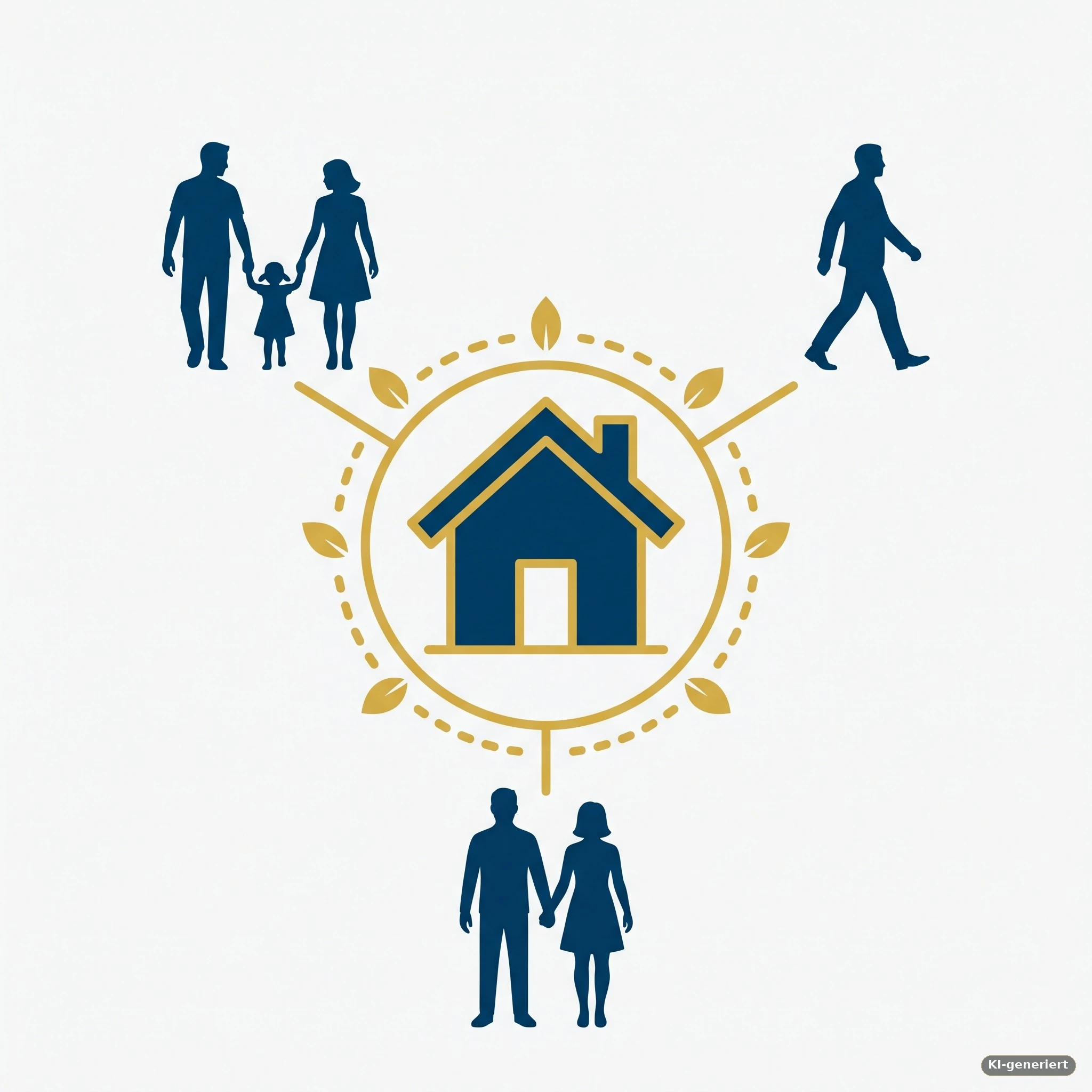 Ein Haus umgeben von Silhouetten einer Familie, einer Einzelperson und eines Paares – Symbolbild für die Tarifwahl je nach Lebenssituation