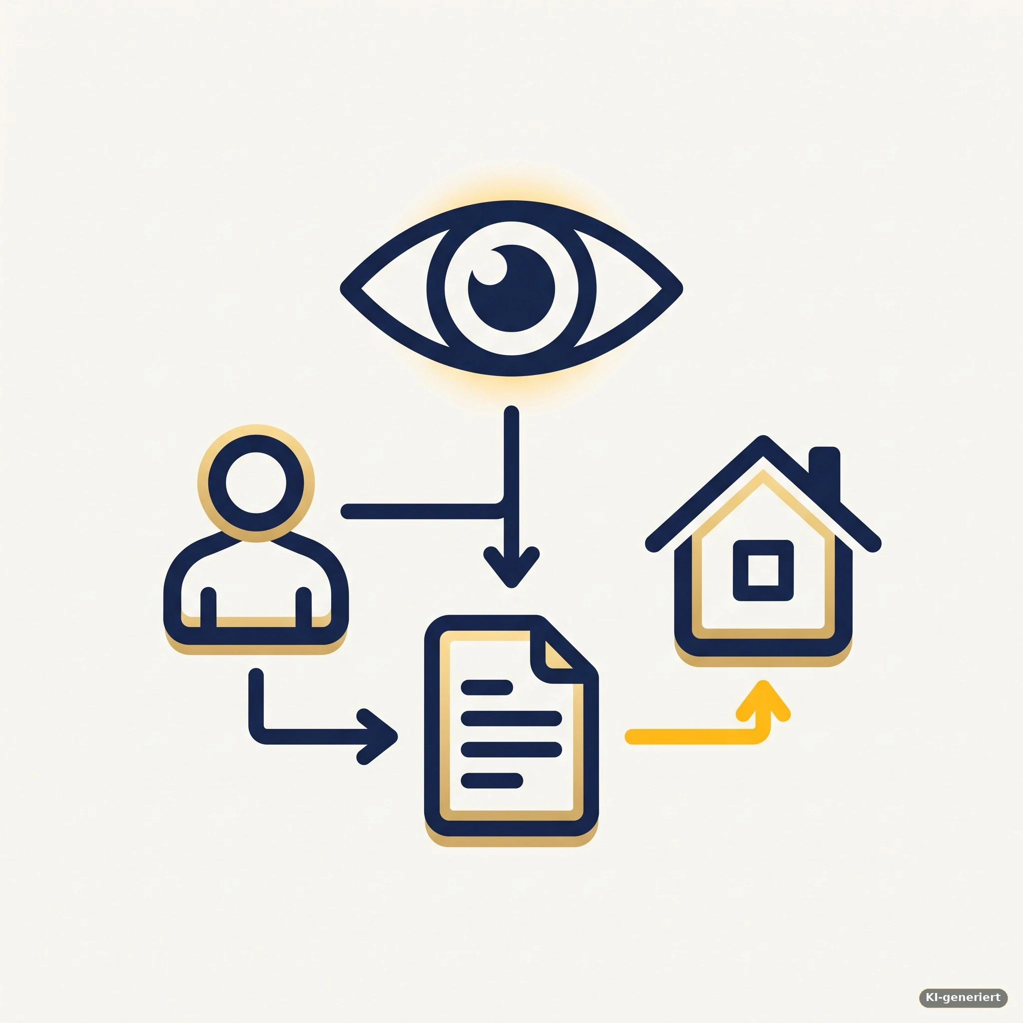 Ein geöffnetes Augen-Symbol über einem Diagramm mit Pfeilen zwischen Person, Dokument und Haus, symbolisiert Transparenz im Geschäftsmodell