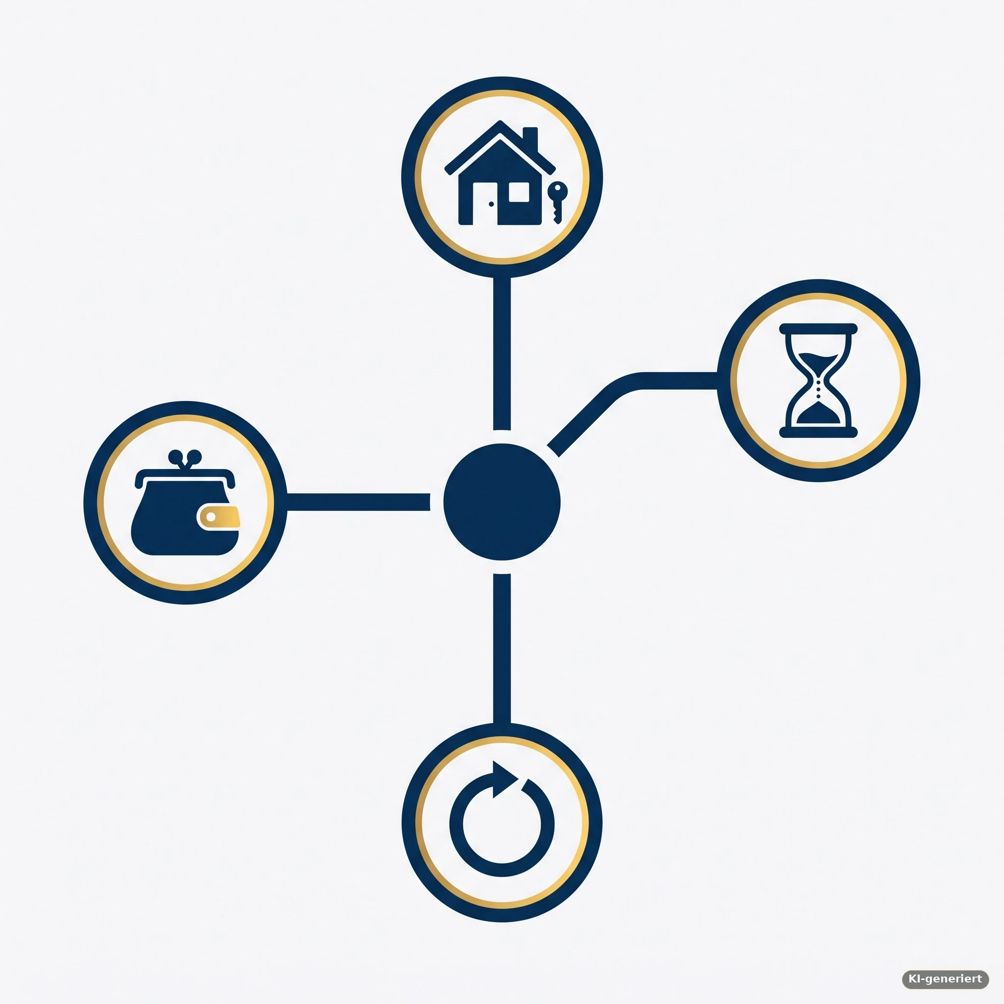 Entscheidungsbaum mit vier Optionen: Haus mit Schlüssel, Geldbeutel, Sanduhr und Pfeil-Symbol – Infografik zu den Handlungsmöglichkeiten nach Zuteilung eines Bausparvertrags