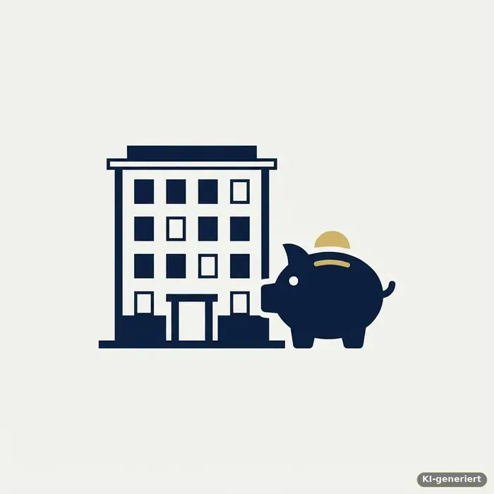 Mehrstöckiges Mehrfamilienhaus mit Sparschwein-Symbol für die gemeinschaftliche Instandhaltungsrücklage einer WEG