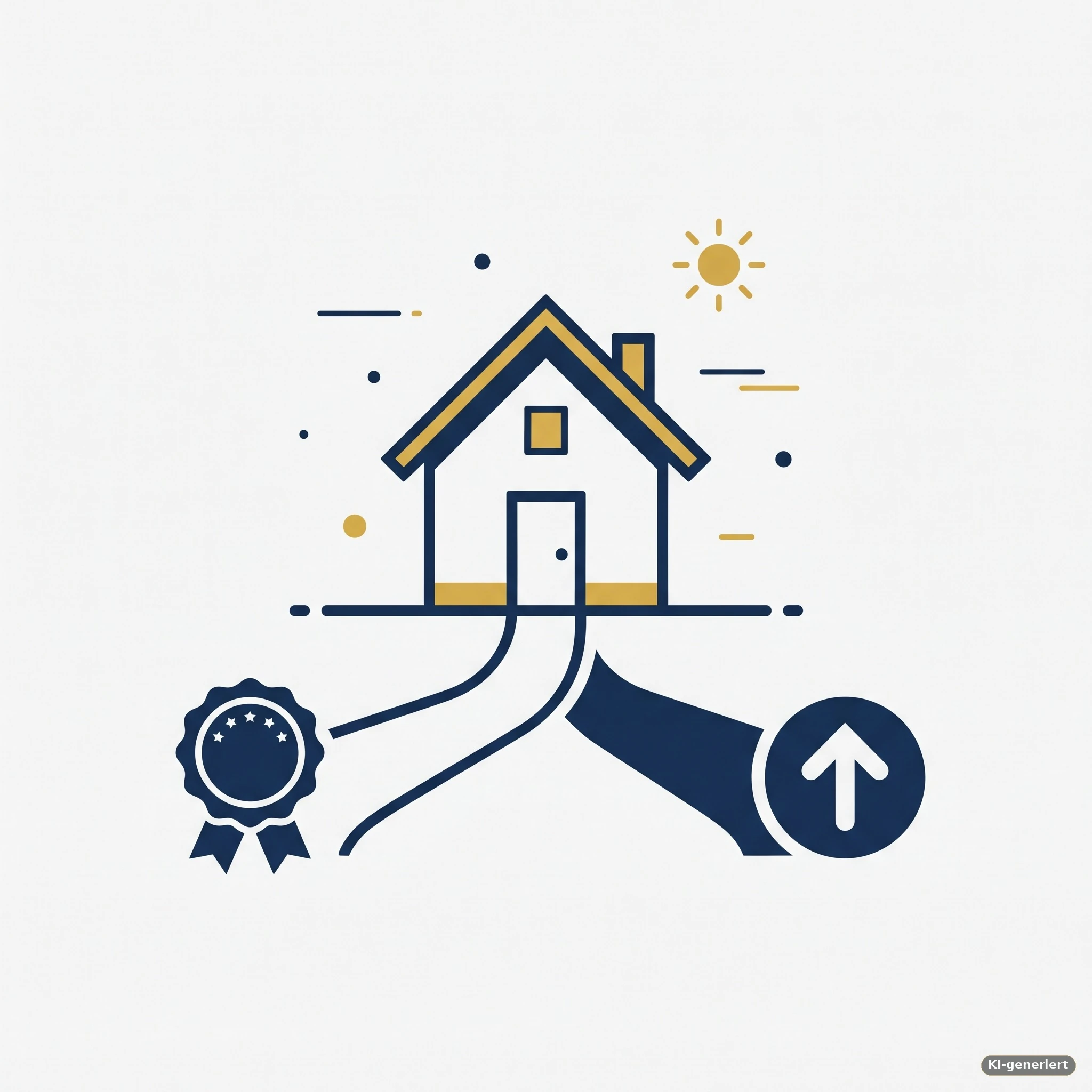 Haus mit zwei Pfaden, einer mit Siegel-Symbol und einer mit Pfeil-Symbol – Symbolbild für die Reform von Wohn-Riester zur Eigenheimrente