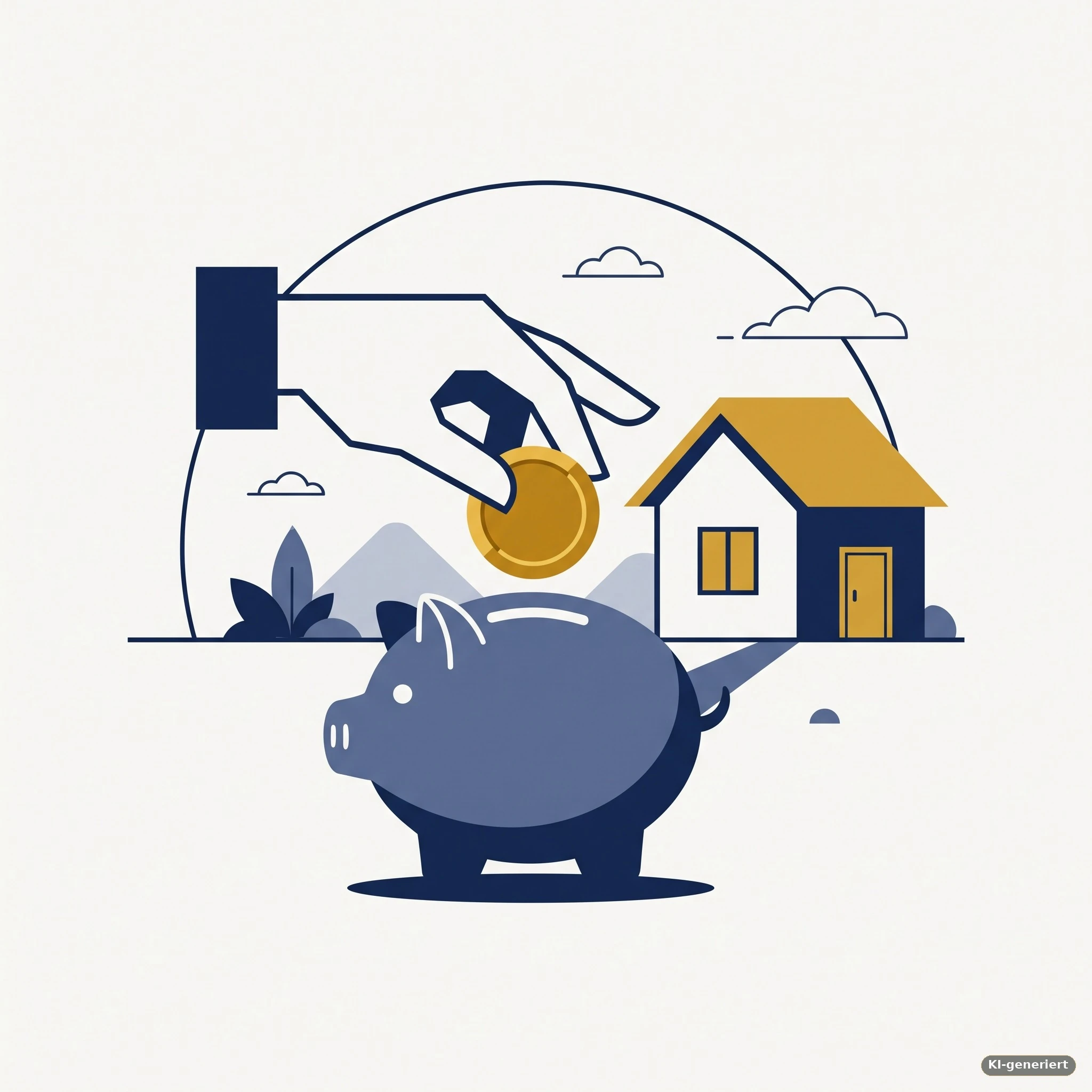 Eine Hand hält eine goldene Münze über einem Sparschwein, im Hintergrund ein Haus – Symbolbild für die Höhe der Wohnungsbauprämie