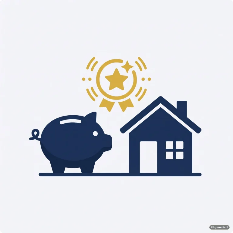 Sparschwein neben einem Haus, darüber ein Stern als Symbol für eine staatliche Förderprämie – Symbolbild für die Wohnungsbauprämie